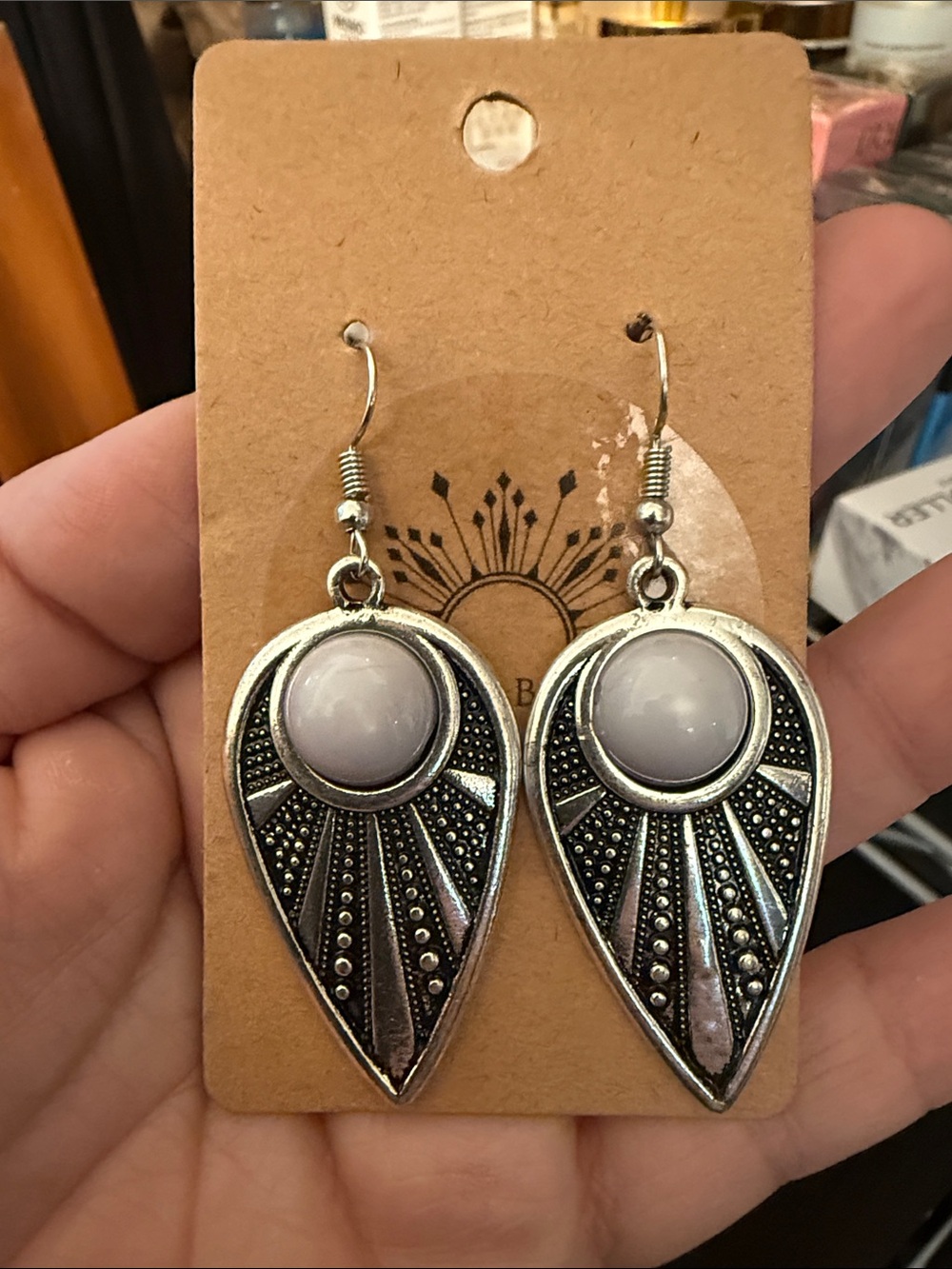 Silver-Tone Teardrop Earrings with Pale Lavender Stone